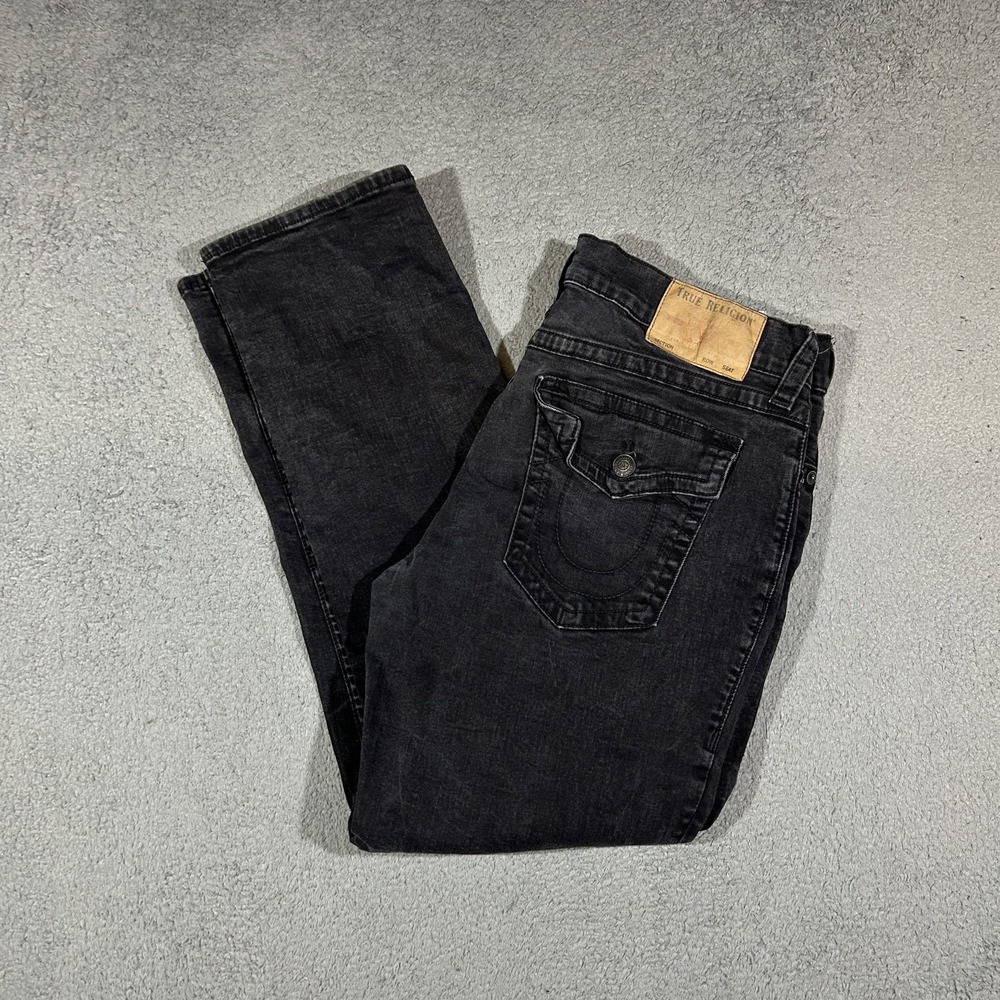 True Religion Ricky Relaxed Straight Jeans Mens 38 Black Wash Denim #3753